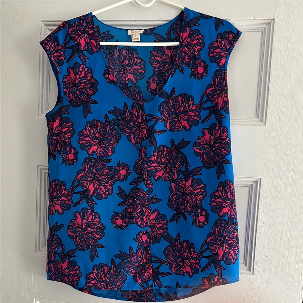 J. Crew Blue and Pink Blouse with Rounded Neckline